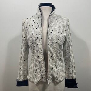 D&Y Evening Jacket Black White Floral Ribbon‎ Rosette Applique Party Coat Sz Lrg